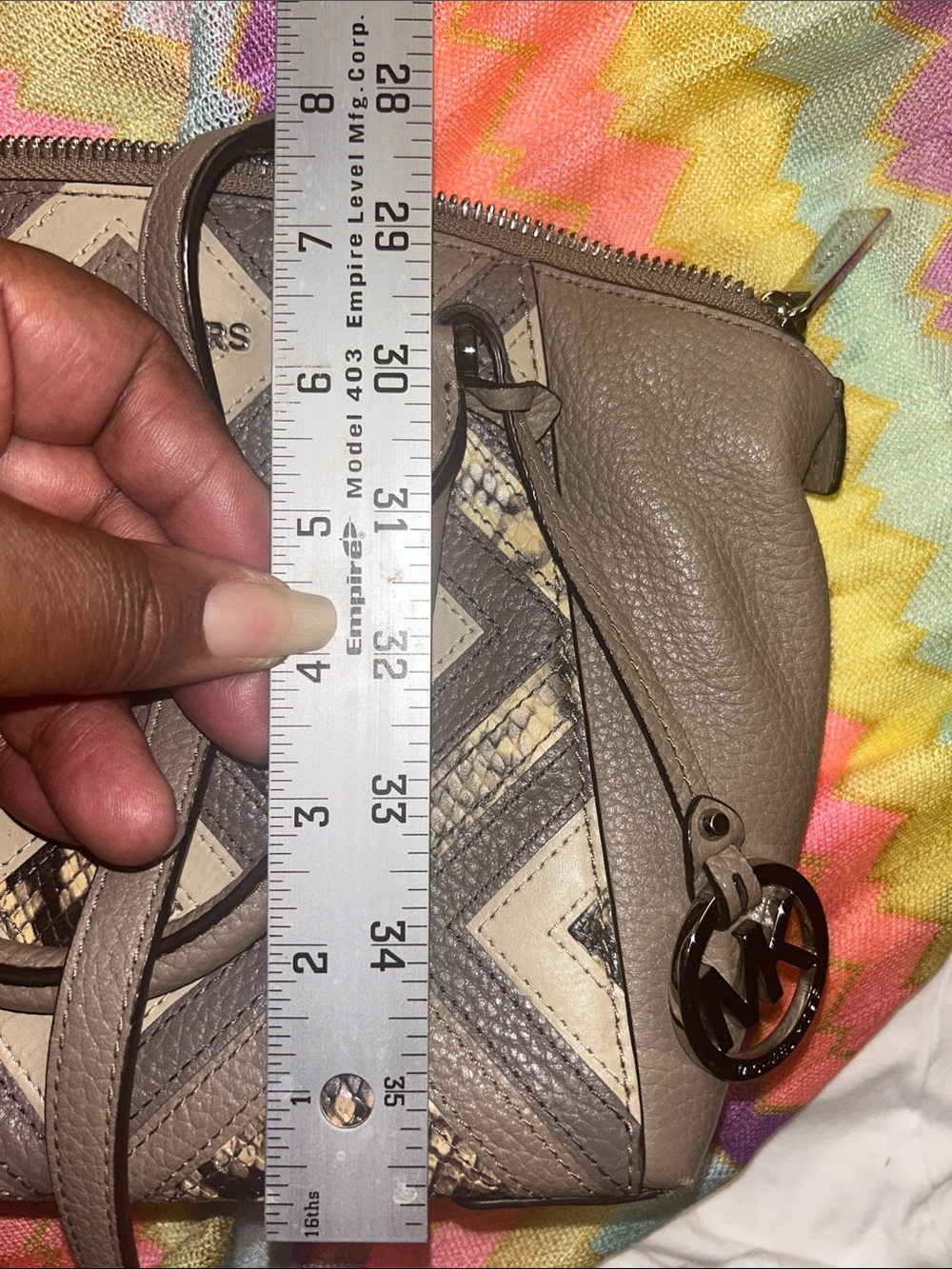 Michael Kors Brown & Beige Geometric Leather Satchel with MK Charm; 20-26” strap - Picture 12 of 15